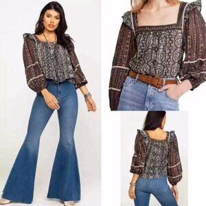 Free People Black and Brown Patterned Top